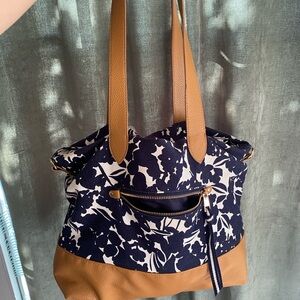 Stylish Tan and Blue Tote with Leather Accents